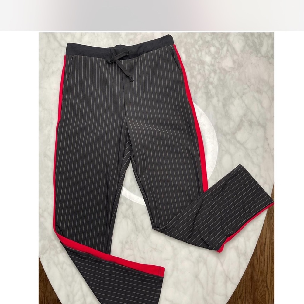 Women's Black Pinstripe Joggers with Red Side Stripe